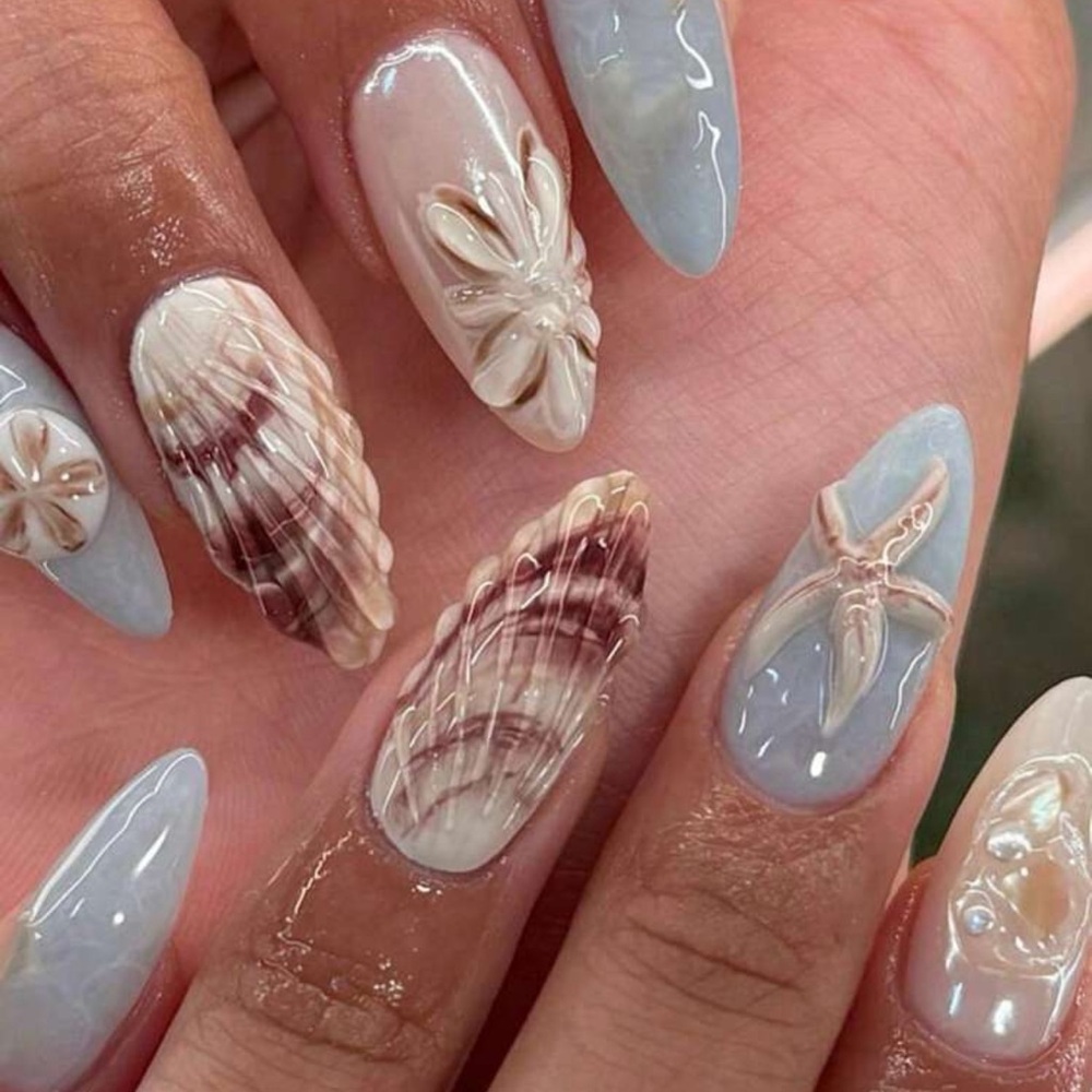 24pcs Almond Square Press On Nails Set Summer Ocean Style Fresh Design Ocean